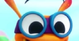 Tack from Kate & Mim-Mim smiles brightly, showcasing his vibrant orange and purple design in a colorful, playful landscape.
