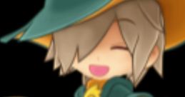 Cheerful Lemres from Puyo Puyo Chronicle JP, dressed in a green coat and hat, holding a magical staff and gold coin.
