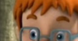 Young animated character with orange hair and glasses, holding a stick, set against a green outdoor background.