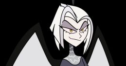 Character design of Lute Angri, featuring a smirking figure with white hair, wings, and a halo against a dark background.