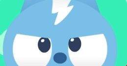 Blue cartoon character with an angry expression, wearing a blue outfit, set against a vibrant green background.