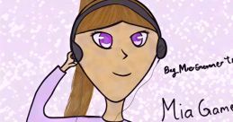 Stylized drawing of Mia, a Roblox player, wearing headphones and a casual outfit, expressing joy and enthusiasm for gaming.