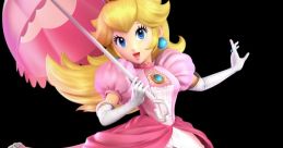 Princess Peach in a stunning pink gown with an umbrella, showcasing her iconic look in Super Smash Bros Ultimate.