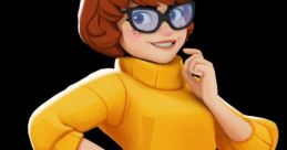Cheerful Velma from Multiversus, wearing a yellow sweater and pink skirt, poses playfully with a thoughtful expression.