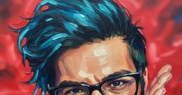 Colorful portrait of a cheerful person with blue hair and glasses, showcasing a playful expression and vibrant background.