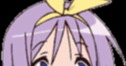 Cheerful Tsukasa from Lucky Star No Mori with purple hair and a yellow headband, showcasing a friendly expression.