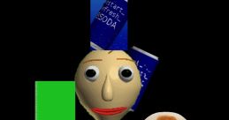 Baldi and a smaller character in green, with BSODA books, depicting scenes from Baldi Camping Voicelines.