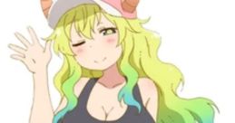 Lucoa from Miss Kobayashi's Dragon Maid winks playfully, showcasing her vibrant hair and casual outfit with horns and a cap.