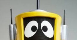Cheerful yellow robot with big eyes, antennas, and metallic arms, perfect for tech-themed projects and creative content.