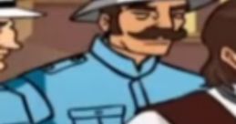 Villager in blue uniform with a mustache, standing alongside a character in a brown outfit, evokes a playful narrative scene.