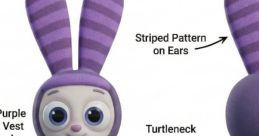 Cute cartoon rabbit character in winter attire with purple vest, striped ears, mittens, and winter boots. Fun design!