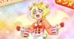 Mem Mem from Delicious Party Pretty Cure, joyfully celebrating with colorful costume and cheerful expression on a pastel background.