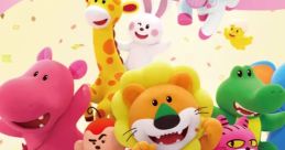 Colorful characters from Tabbekko Doubutsu Tachi celebrate joyfully, surrounded by festive lights and vibrant confetti.