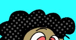 Eb Maynard from the Mario and Luigi show with curly hair and expressive eyes against a bright blue background.