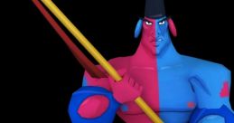 1st Guard from The Emperor's New Groove, striking a powerful pose with a trident, showcasing vibrant pink and blue colors.