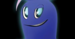 Inky, the blue ghost from Pac-Man, features a playful expression and a stylish purple hat, representing fun and mischief.
