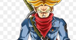 Heroic character with spiky hair, dressed in blue, sporting a red scarf and wielding a sword. Emphasizes strength and determination.
