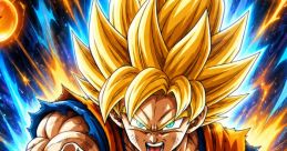 Goku unleashing his power, showcasing vibrant Super Saiyan transformation with bright energy effects and iconic Dragon Balls.
