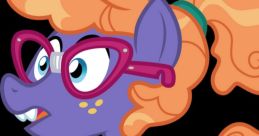 Purple pony with orange curly hair and glasses, featuring a scholarly outfit from Frazzle Rock in My Little Pony series.