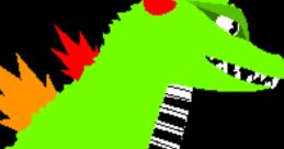A vibrant green lizard character with piano keys on its neck and colorful spikes, representing Pianozilla the piano lizard.