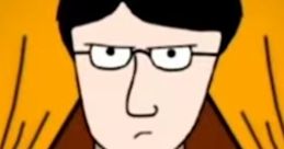 Cartoon character resembling a librarian with glasses, a plaid shirt, and a serious expression, set against a vibrant background.