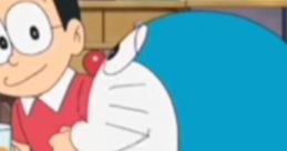 Doraemon and Nobita sharing a joyful moment in a cozy kitchen, highlighting friendship and adventure themes.
