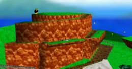 Colorful landscape from Super Mario 64 featuring elevated platforms, trees, and iconic enemies in bright, vibrant graphics.