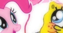 Pinkie Pie joyfully interacts with Bob Esponja, celebrating friendship in a colorful, whimsical backdrop.