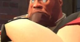 Heavy character from Team Fortress 2, showcasing his muscular build and intense expression, armed with ammunition belts.