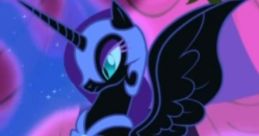 Nightmare Moon from My Little Pony stands proudly, showcasing her dark elegance against a cosmic background.