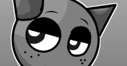 Cartoon cat character with gray coloring, featuring a quirky expression and distinctive ears against a gray background.