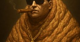 Bald man in sunglasses, holding a cigar and AK-47, draped in a golden dollar sign necklace, exuding power and luxury.