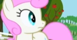 Twinkleshine from My Little Pony, a unicorn with pink hair, stands in a colorful, vibrant landscape with trees.