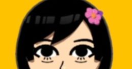 Stylized character with black hair and a flower, wearing a purple coat and scarf, set against a vibrant yellow background.