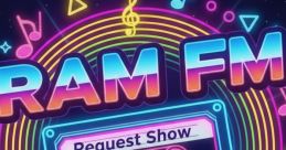 Colorful and vibrant graphic featuring Ram FM and its Request Show, blending retro cassette vibes with neon music elements.