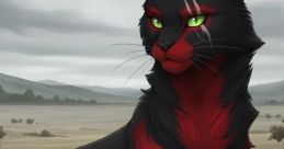 Striking black and red cat with green eyes, set against a dramatic, somber landscape, embodying enchantment and mystery.