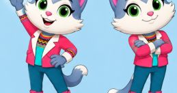 Helena the cat showcases her stylish outfits and cheerful personality in various poses against a blue background.