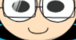 Cartoon character wearing a blue Fortnite shirt with glasses, featuring a cheerful expression and a dark background.