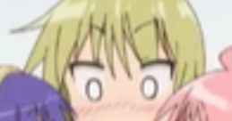 Yui Ichii from Yuyushiki, surprised expression, surrounded by friends in a playful and comedic moment.