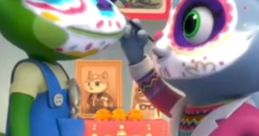 Colorful characters celebrating a joyful moment at "Happy Birthday Gecko and Kat" party with festive decorations.