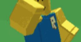 Roblox character with a happy expression, wearing a blue shirt, joyfully dancing on a green background. Ideal for "Oh, Ok." themes.