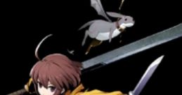 Linne from Blazblue: Cross Tag Battle wields a sword, striking a dynamic pose with her companion, a quirky flying creature.