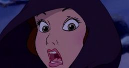 Belle displays protective behavior, expressing shock and concern in her iconic hooded attire from Beauty and the Beast.