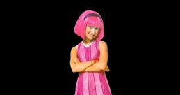 Stephanie from Lazy Town smiling confidently, wearing a pink dress and vibrant sneakers, promoting an active lifestyle.