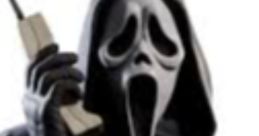 Realistic Ghostface Mk1 character gripping a vintage phone, embodying iconic horror film vibes and suspenseful energy.