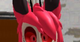 EliasHorror character with pink hair and playful yet spooky expression, dressed in a red suit with a bow tie.