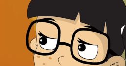 Christina-Chilindrina with glasses, looking thoughtful while holding a colorful accessory in a vibrant animated scene.
