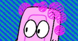 Cartoon Soapman character from the Mario and Luigi Show, featuring pink soap and playful features on a striped background.
