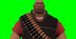 Heavy from Team Fortress 2 stands confidently, showcasing his iconic minigun belt and intense expression on green background.