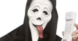 Ghostface from Scary Movie holds a phone, showcasing the iconic mask with a playful tongue out, perfect for Halloween fun.